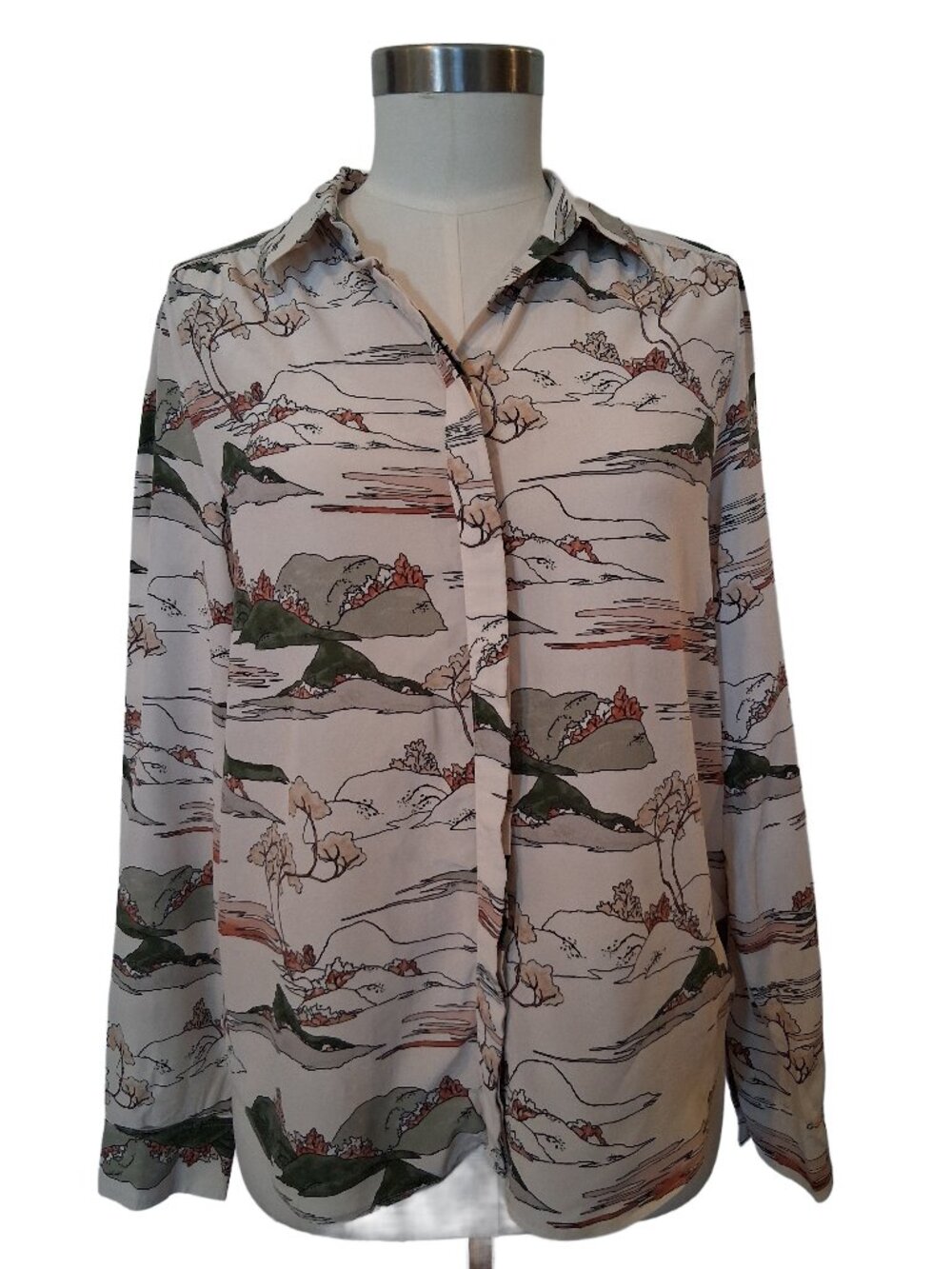 Wilfred 100% Silk Women's Long Sleeve Blouse w' Nature Scene Medium